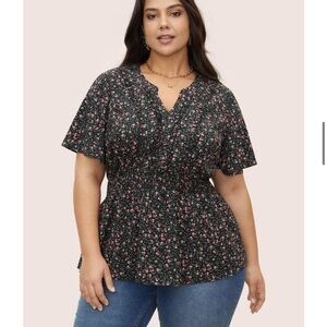 BloomChic Plus Size XL Plus Size Black Ditsy Floral Shirred Frill Trim Blouse